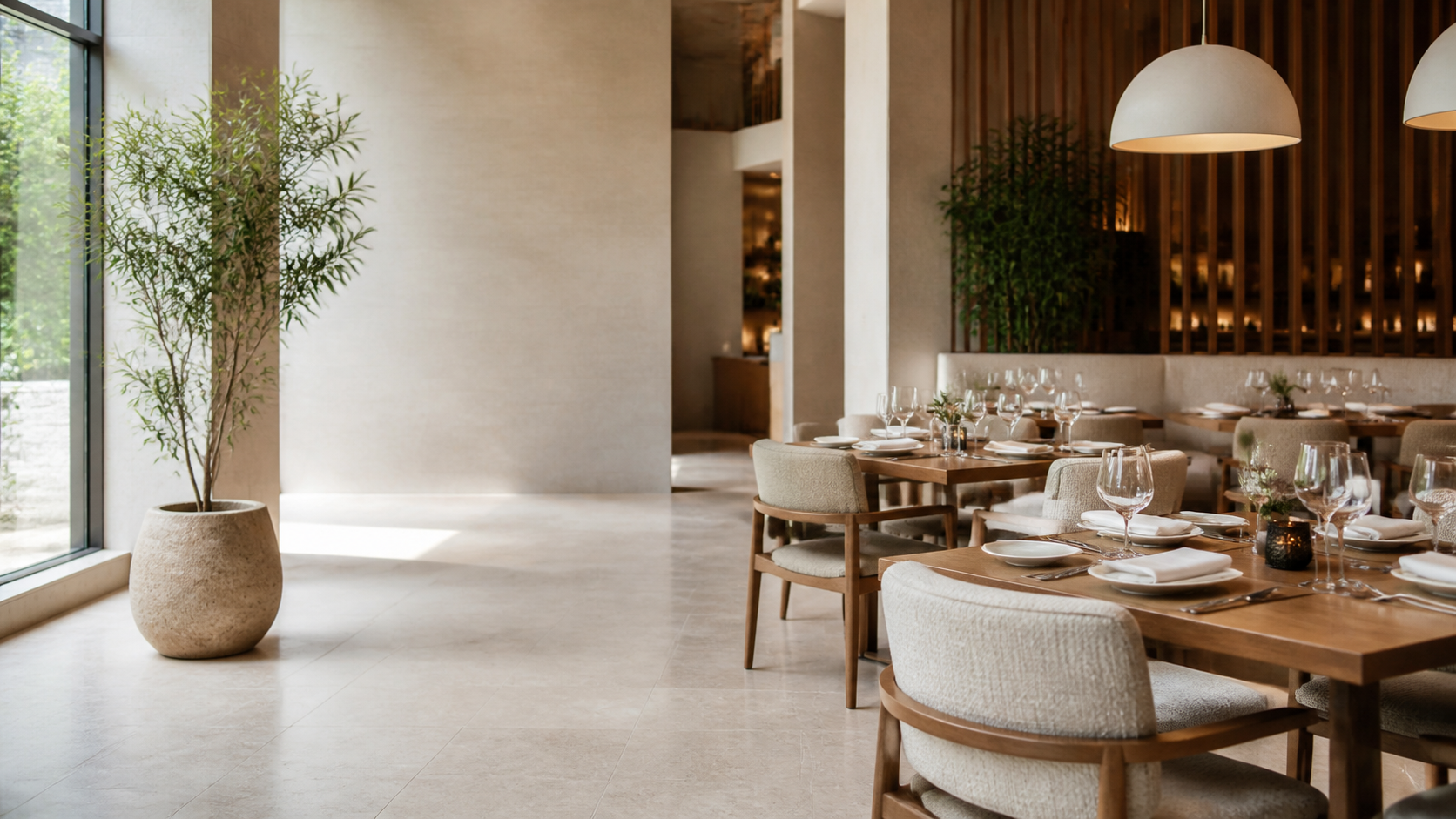 Modernes Restaurantinterieur bei hellem natürlichem Tageslicht