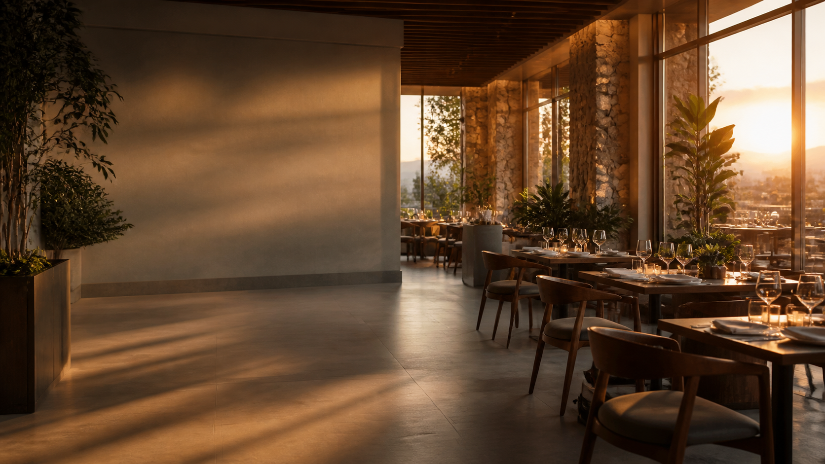 Elegantes Restaurantinterieur in warmer goldener Abendsonne