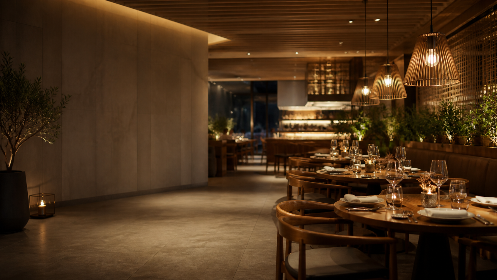 Modernes, hochwertiges Restaurantinterieur mit warmer Beleuchtung