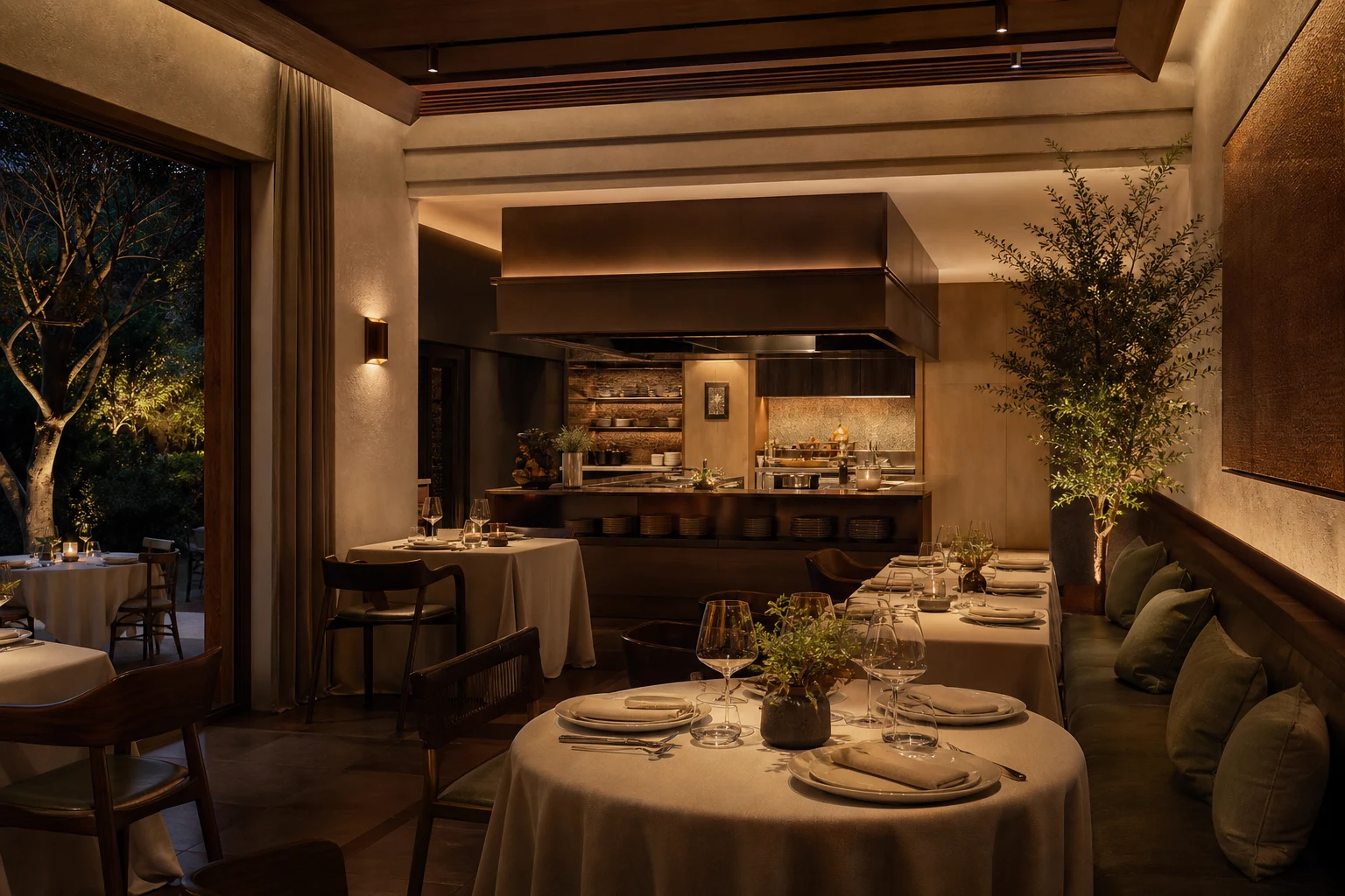 Elegant eingerichteter Restaurantbereich mit warmem Licht und gedeckten Tischen