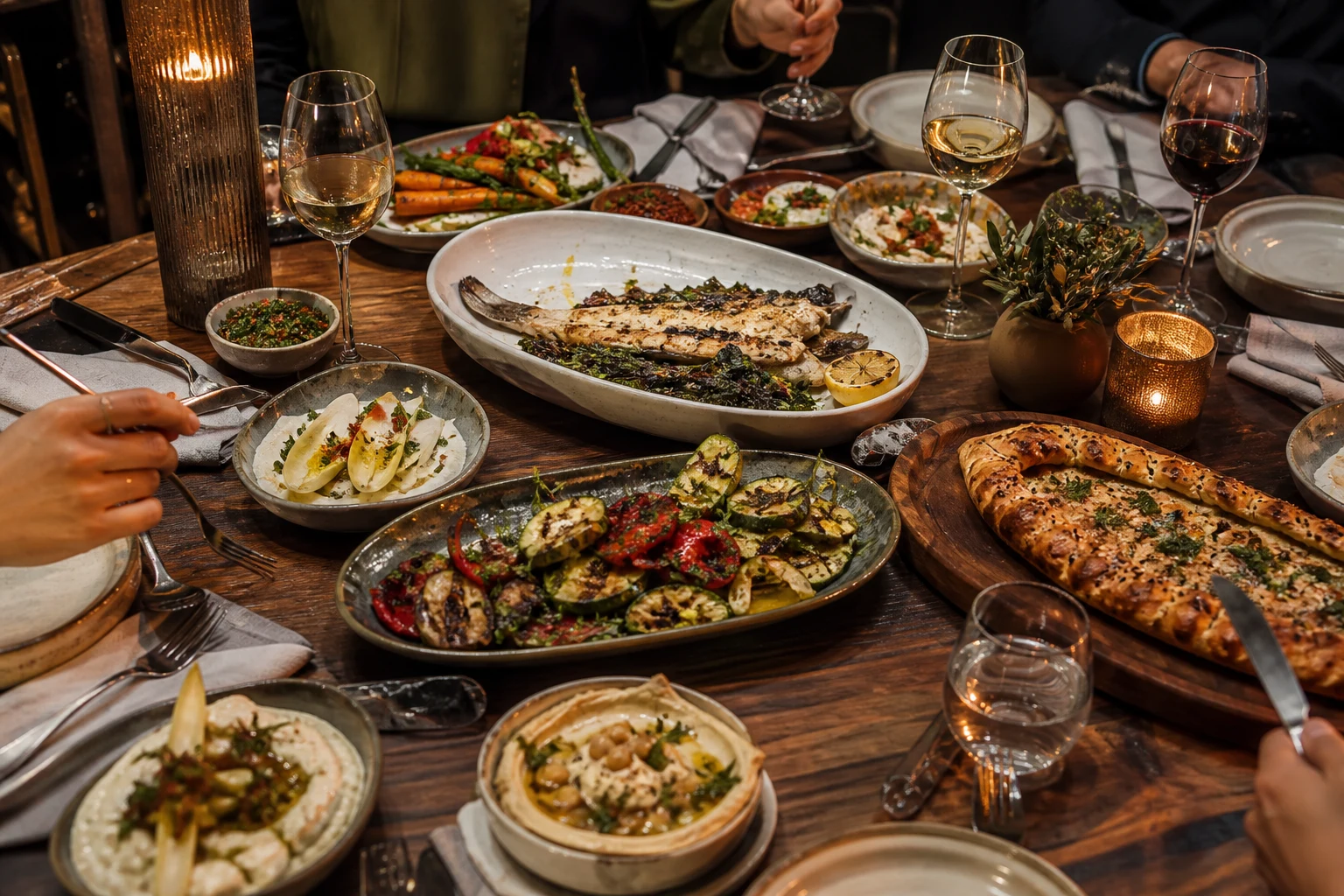Festlich gedeckte türkische Tafel mit Fisch, Mezze, Gemüse und Pide