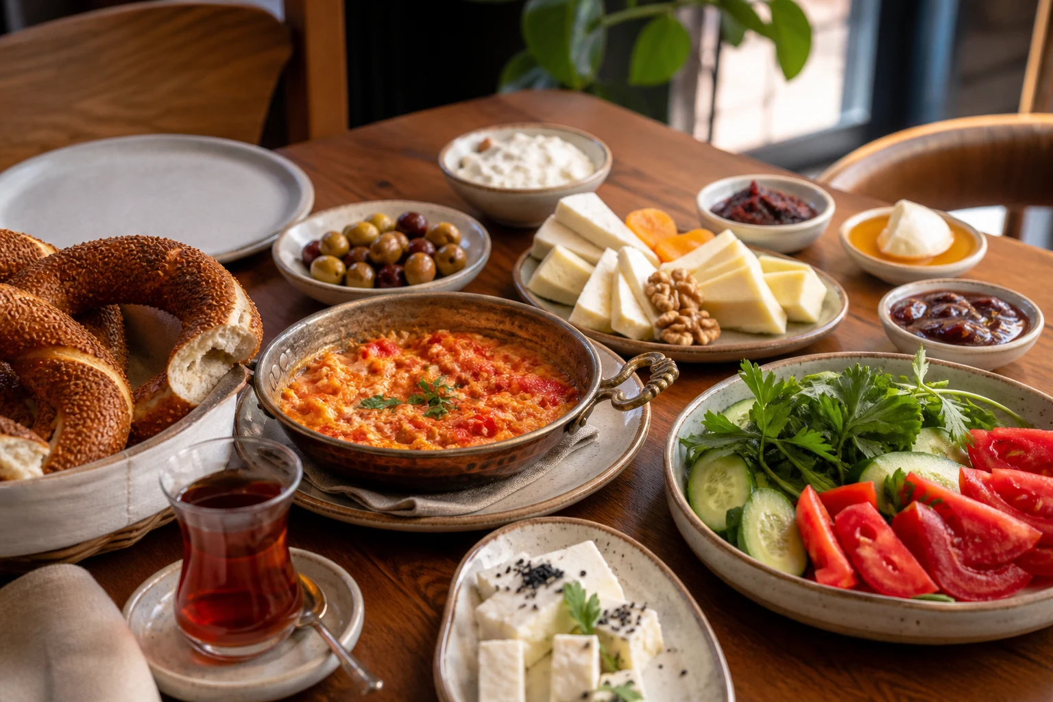 Reichhaltiges türkisches Frühstück mit Menemen, Simit, Käse, Oliven und Tee